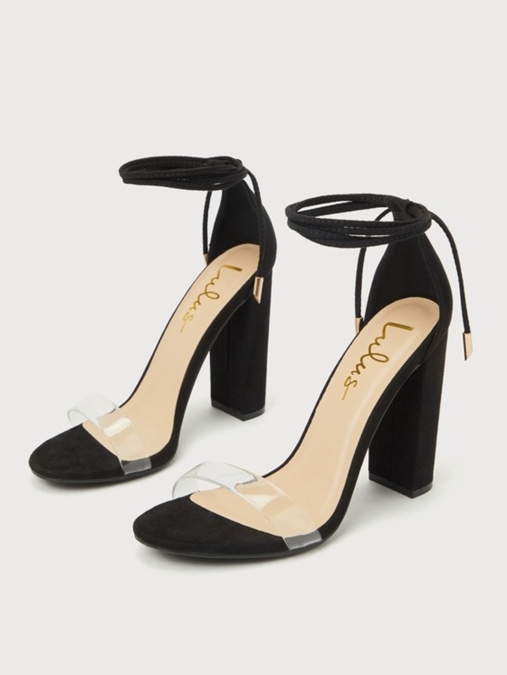 ✨ Lulus Ledah Black Suede Lace-Up Stiletto Heels Clear Strap Size 6.5 ✨